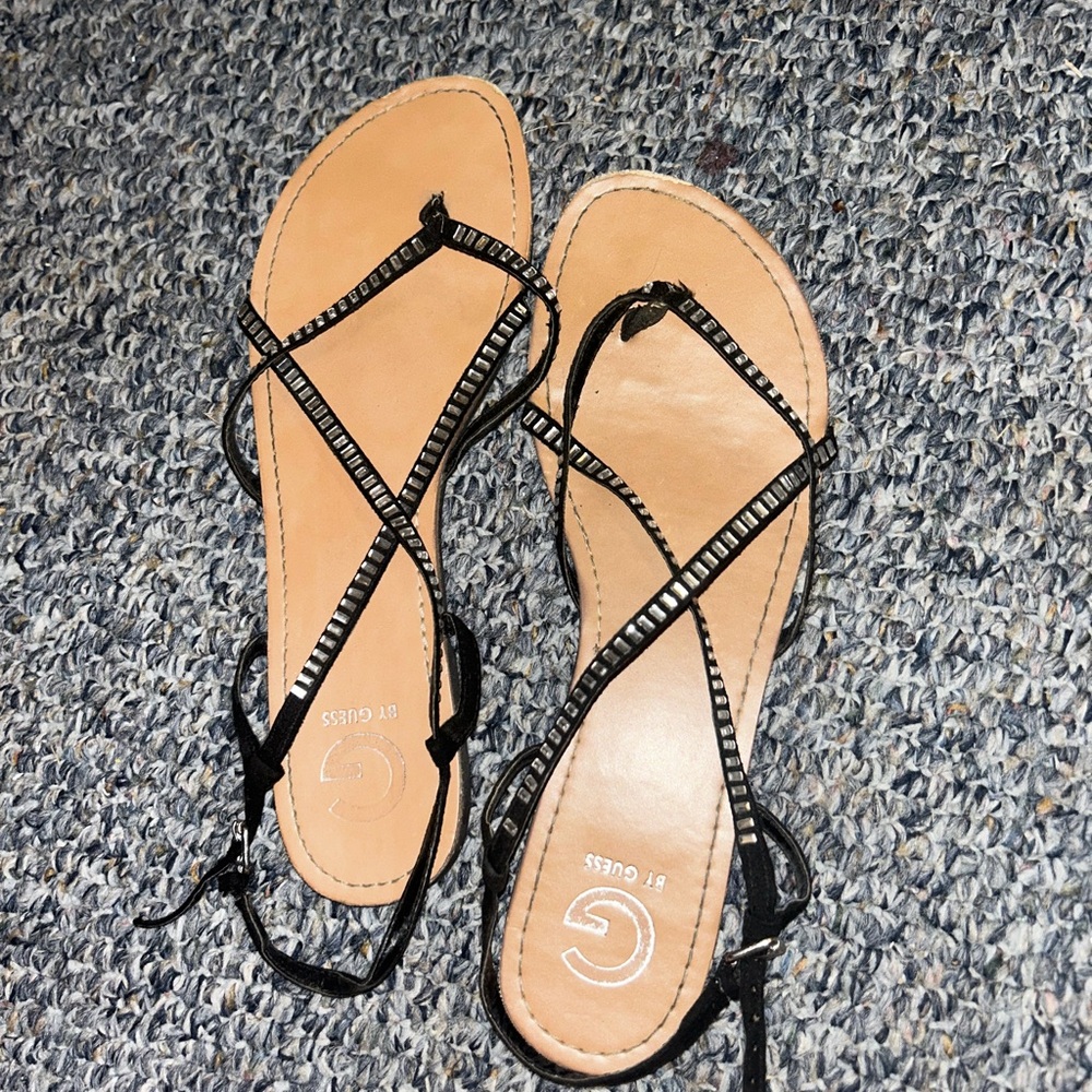 Black strappy sandals with rhinestones